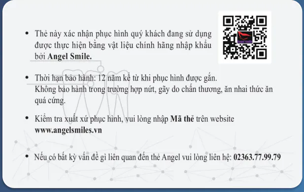 Mặt sau thẻ bảo hành Angel Smile